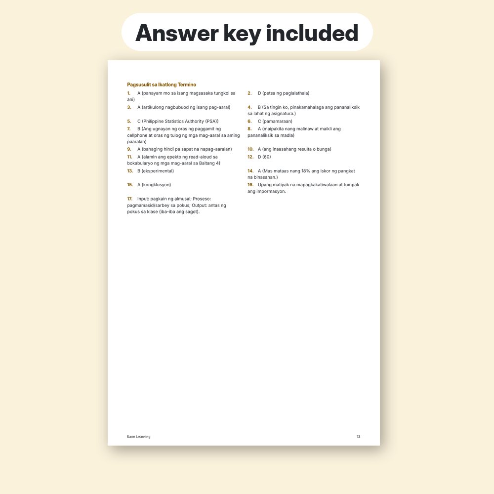 Grade 10 Filipino Reviewer, Term 3 answer key page