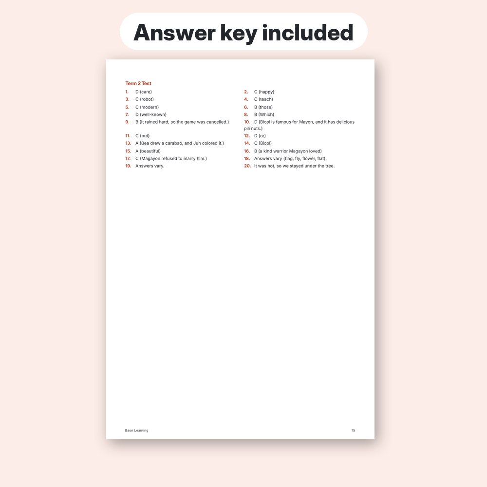 Grade 3 English Reviewer, Term 2 answer key page