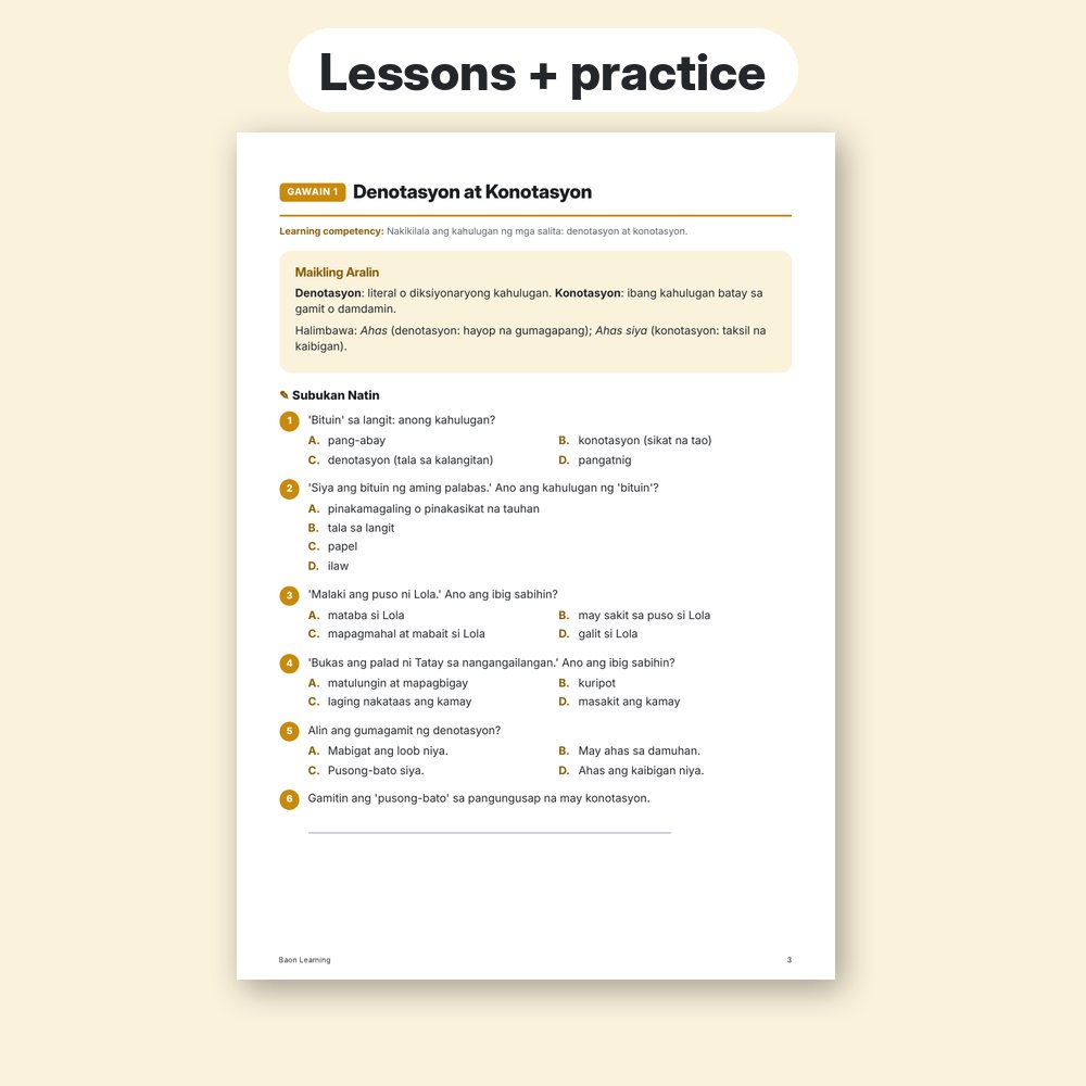 Grade 3 Filipino Reviewer, Term 3 sample worksheet page