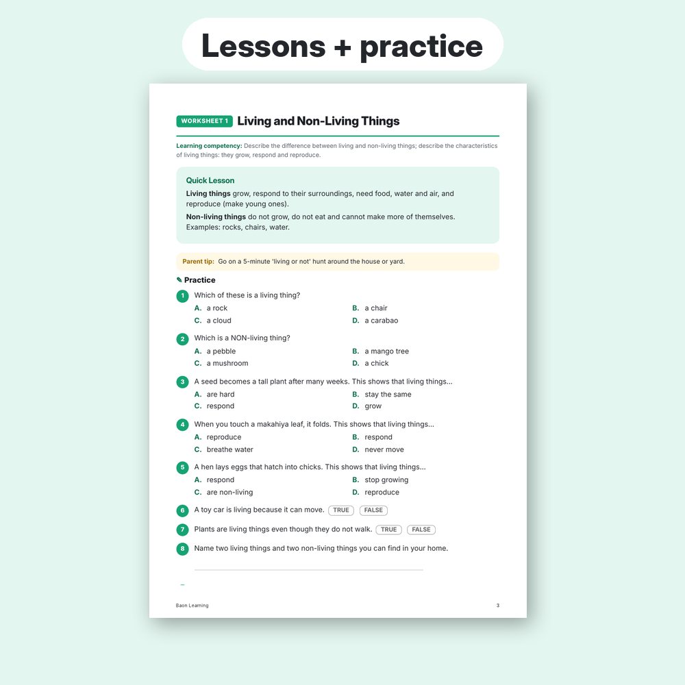 Grade 3 Science Reviewer, Term 2 sample worksheet page