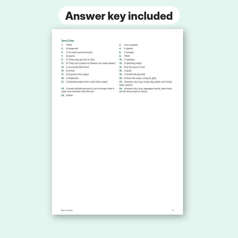 Grade 3 Science Reviewer, Term 2 answer key page