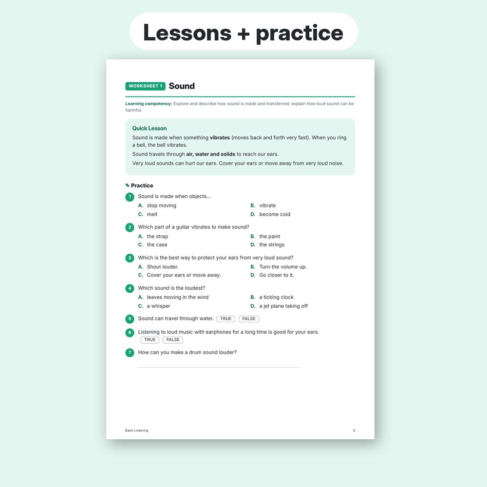 Grade 3 Science Reviewer, Term 3 sample worksheet page