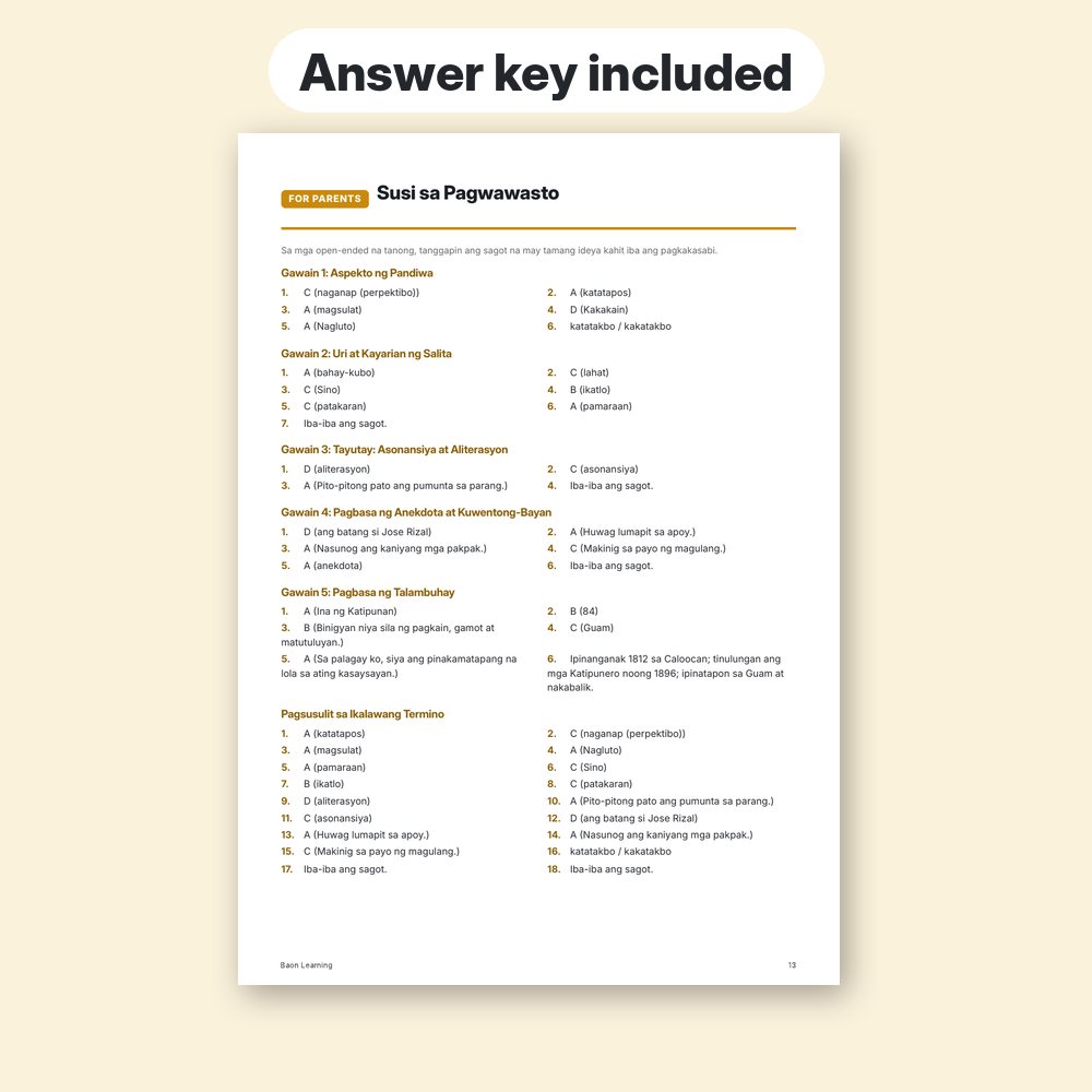 Grade 4 Filipino Reviewer, Term 2 answer key page