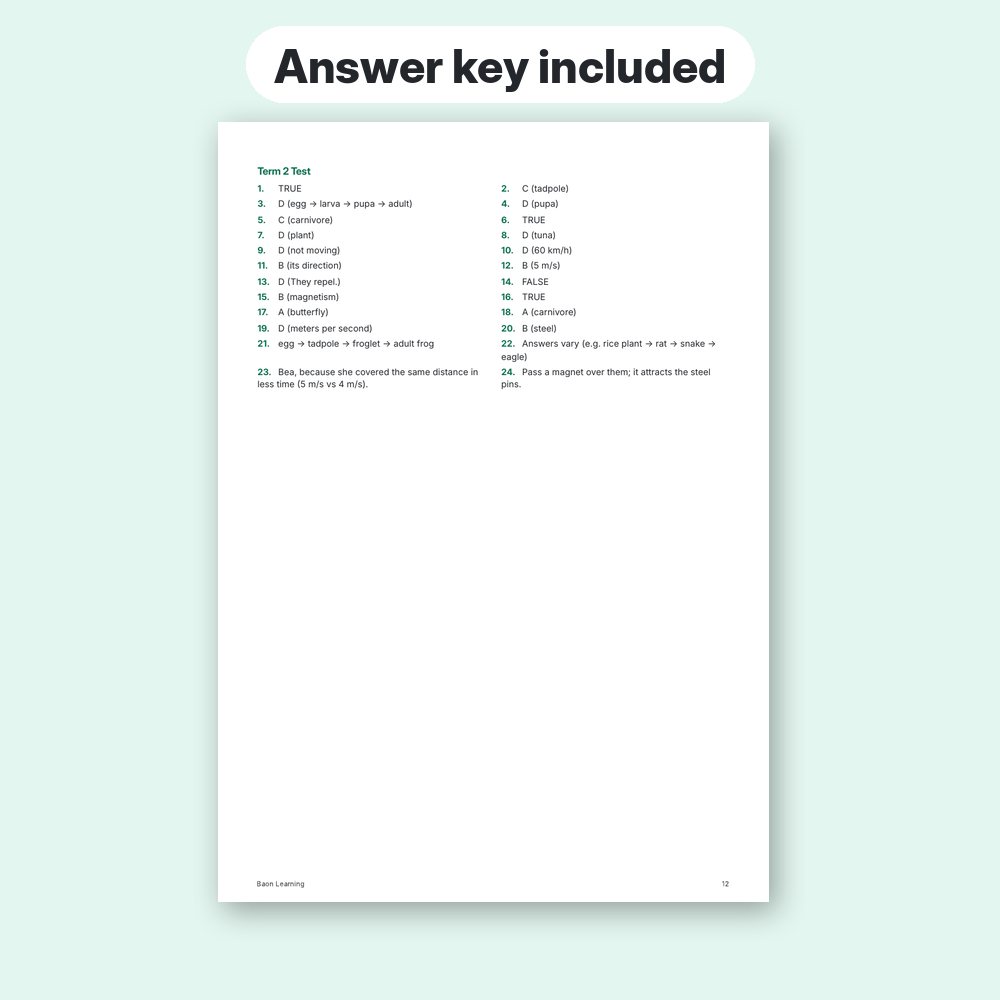 Grade 4 Science Reviewer, Term 2 answer key page