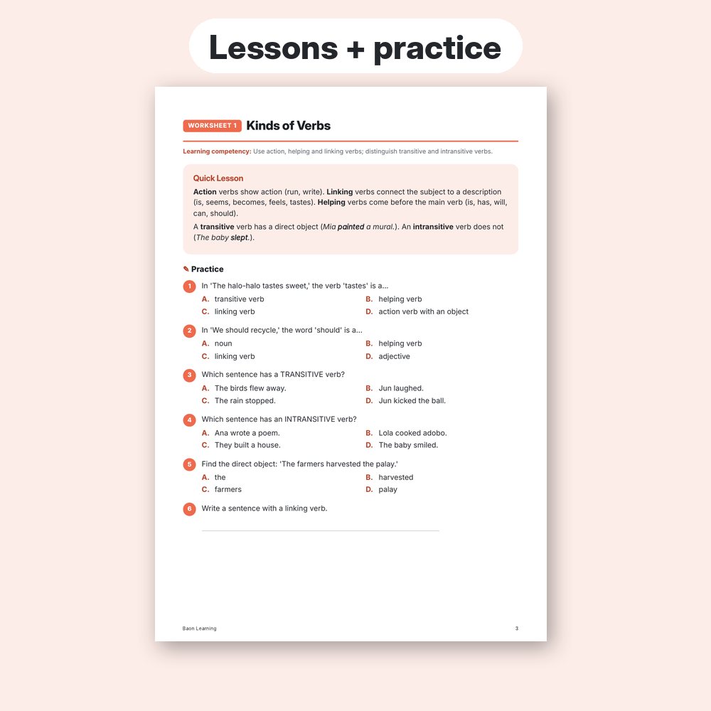 Grade 5 English Reviewer, Term 2 sample worksheet page