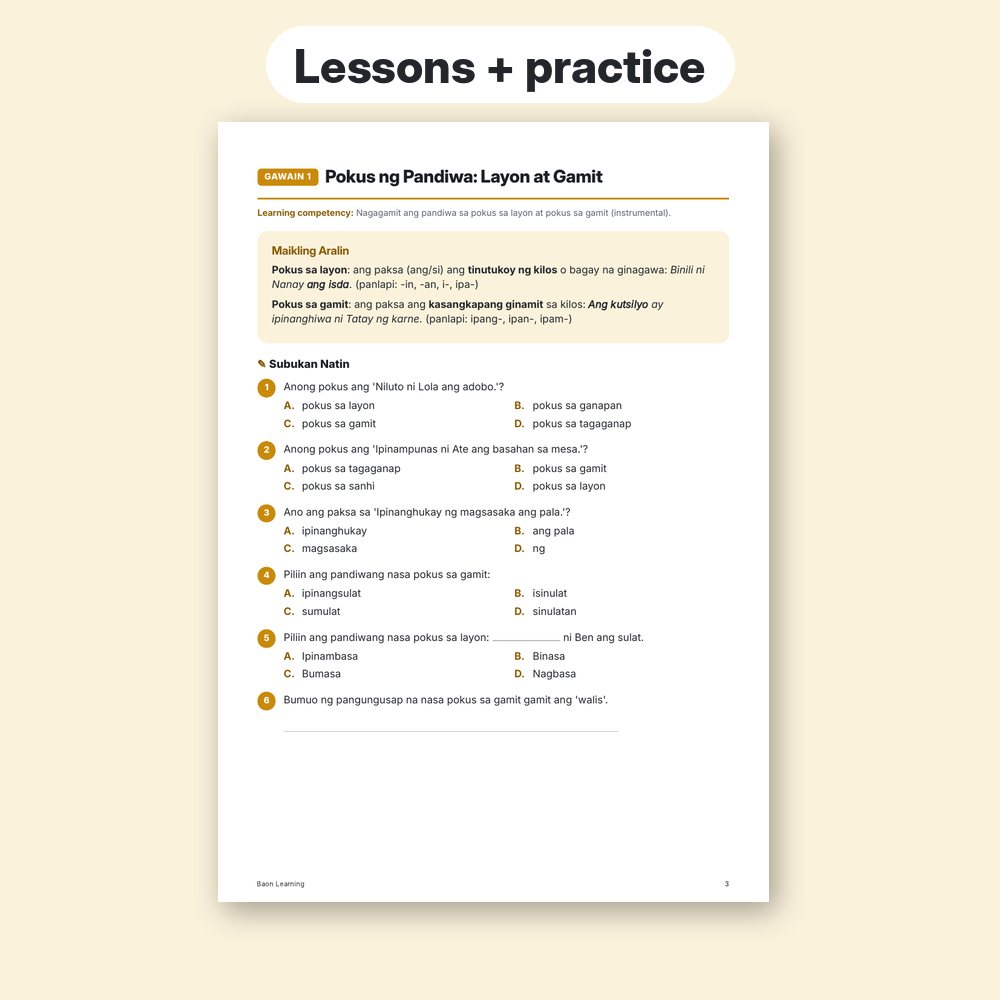 Grade 5 Filipino Reviewer, Term 2 sample worksheet page