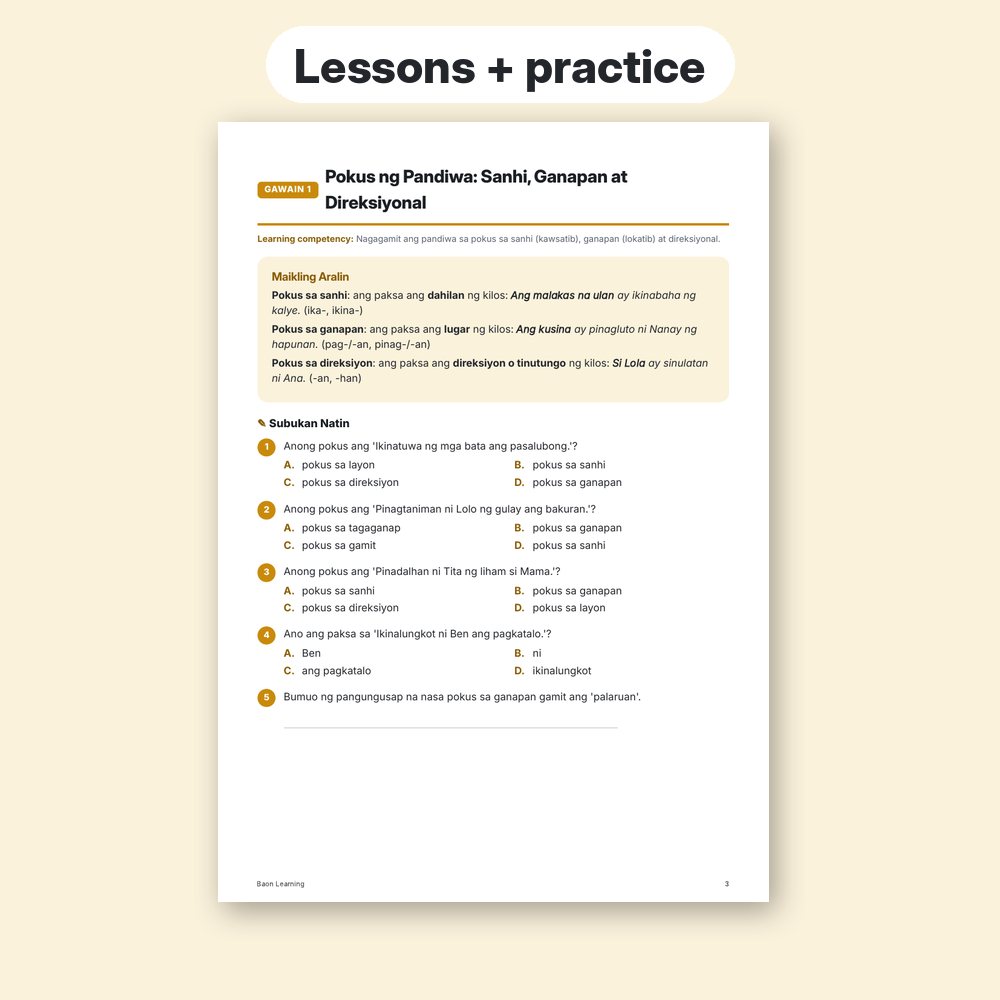 Grade 5 Filipino Reviewer, Term 3 sample worksheet page