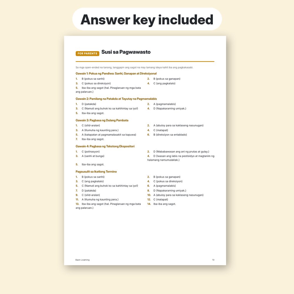 Grade 5 Filipino Reviewer, Term 3 answer key page