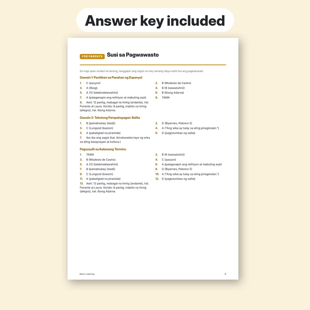 Grade 7 Filipino Reviewer, Term 2 answer key page