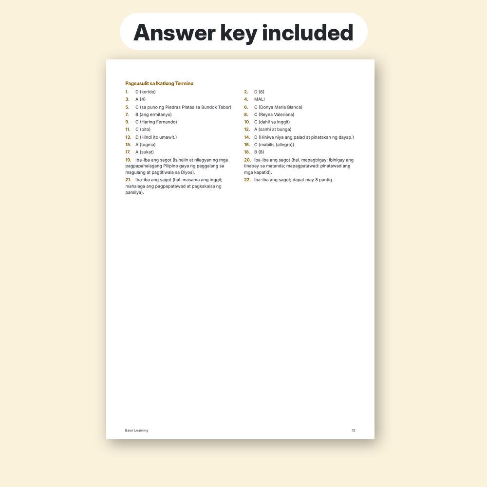 Grade 7 Filipino Reviewer, Term 3 answer key page