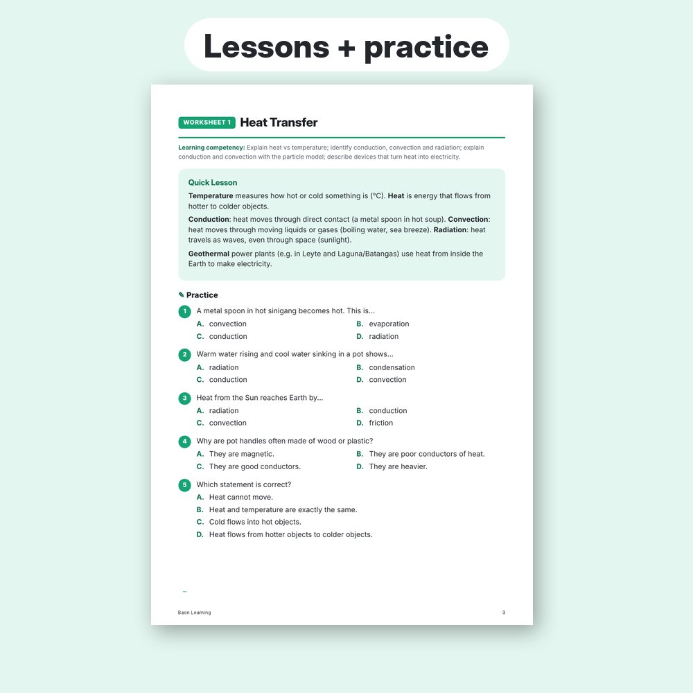 Grade 7 Science Reviewer, Term 3 sample worksheet page