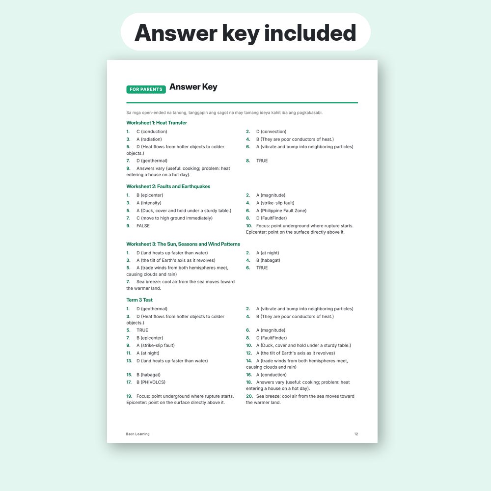 Grade 7 Science Reviewer, Term 3 answer key page