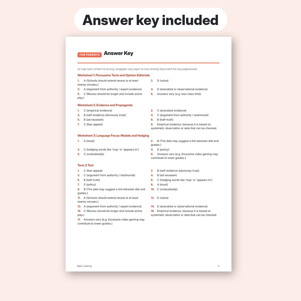 Grade 8 English Reviewer, Term 2 answer key page