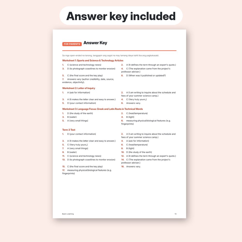 Grade 8 English Reviewer, Term 3 answer key page