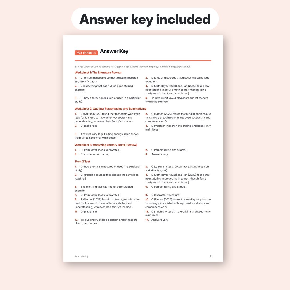 Grade 9 English Reviewer, Term 3 answer key page