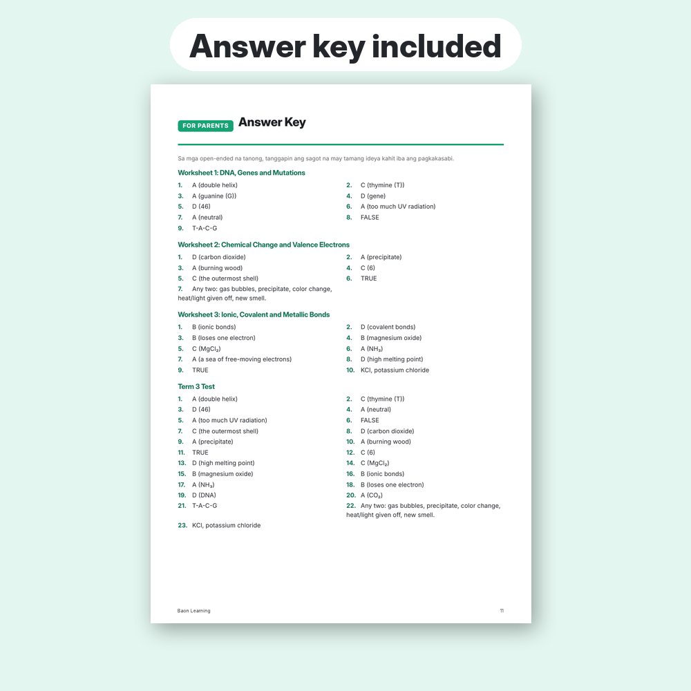 Grade 9 Science Reviewer, Term 3 answer key page
